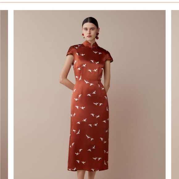 Silkinc Dresses & Skirts - Elegant Silkinc Rust Brown Cheongsam Midi Dress with Bird Pattern 165 S